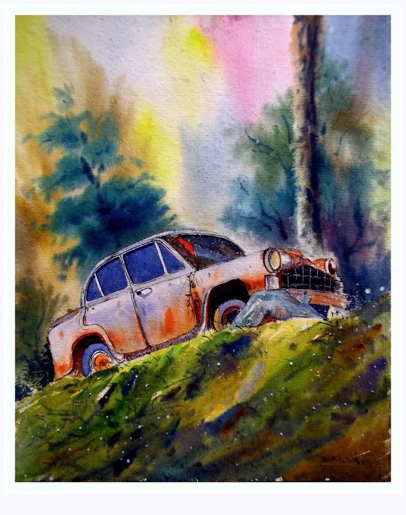 Landscape watercolor painting titled 'Plain air', 18x14 inches, by artist Biki Das on Paper