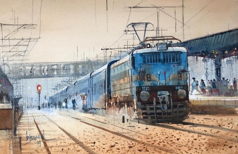 Cityscape watercolor painting titled 'Platform 1', 14x21 inches, by artist Bijay Biswaal on Paper