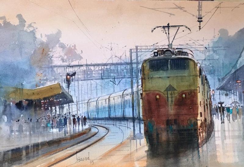 Cityscape watercolor painting titled 'Platform 2', 14x21 inches, by artist Bijay Biswaal on Paper