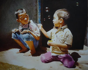 Play by Raghunath Sahoo, Original Watercolor Figurative Painting on Paper, Medium Horizontal Wall Art