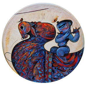 Religious acrylic painting titled 'Playing Flute 1', 18x18 inches, by artist Ramesh Gujar on Canvas