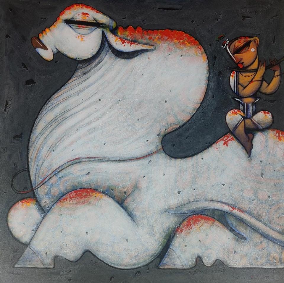 Religious acrylic painting titled 'Playing Flute 1', 36x36 inches, by artist Ramesh Gujar on Canvas