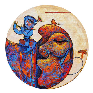 Religious acrylic painting titled 'Playing Flute 2', 18x18 inches, by artist Ramesh Gujar on Canvas