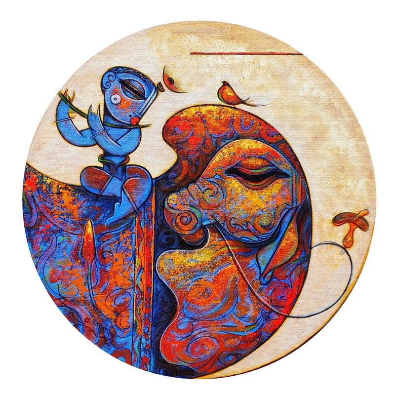 Religious acrylic painting titled 'Playing Flute 2', 18x18 inches, by artist Ramesh Gujar on Canvas