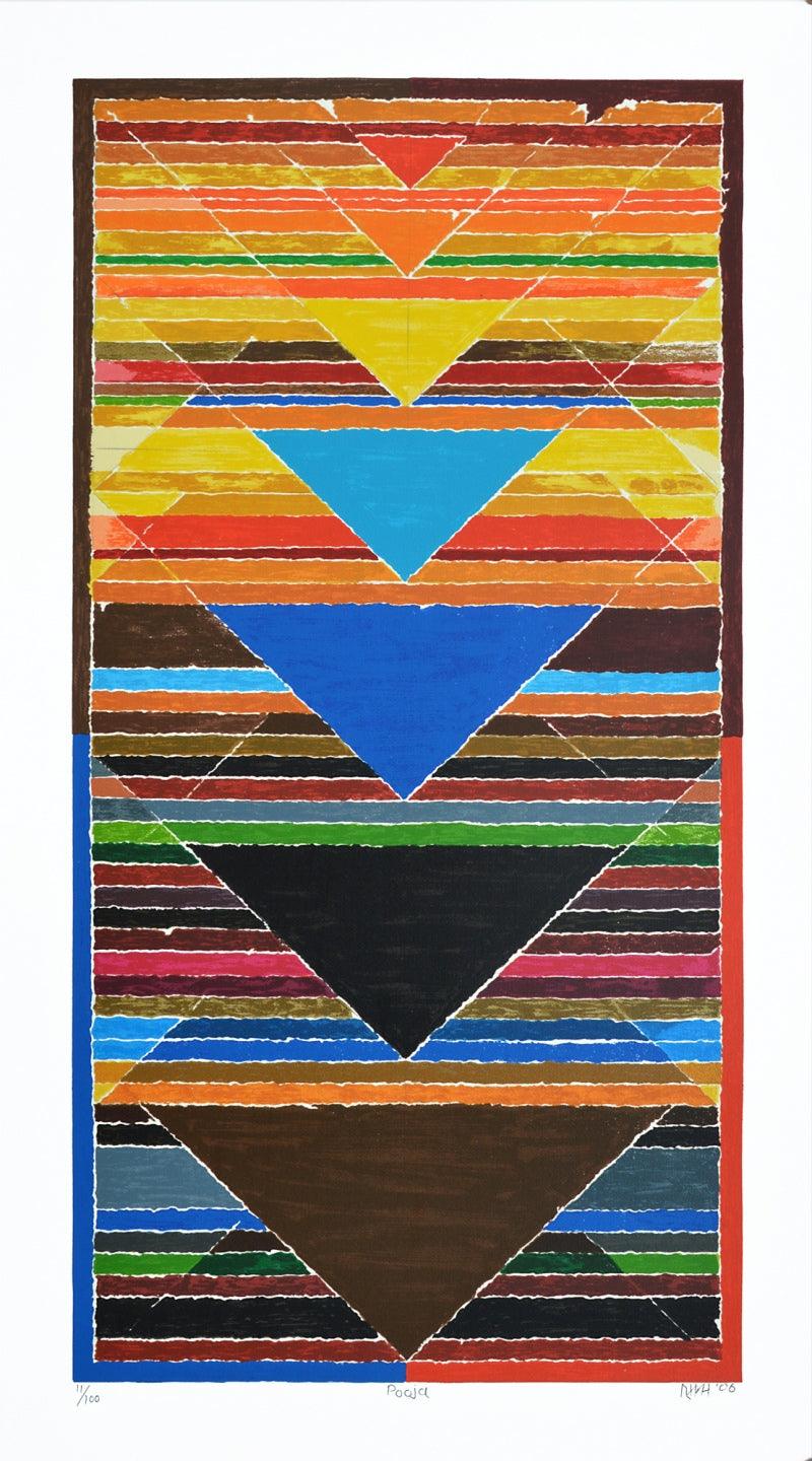 Abstract serigraphs painting titled 'Pooja', 54x30 inches, by artist S. H. Raza on Paper