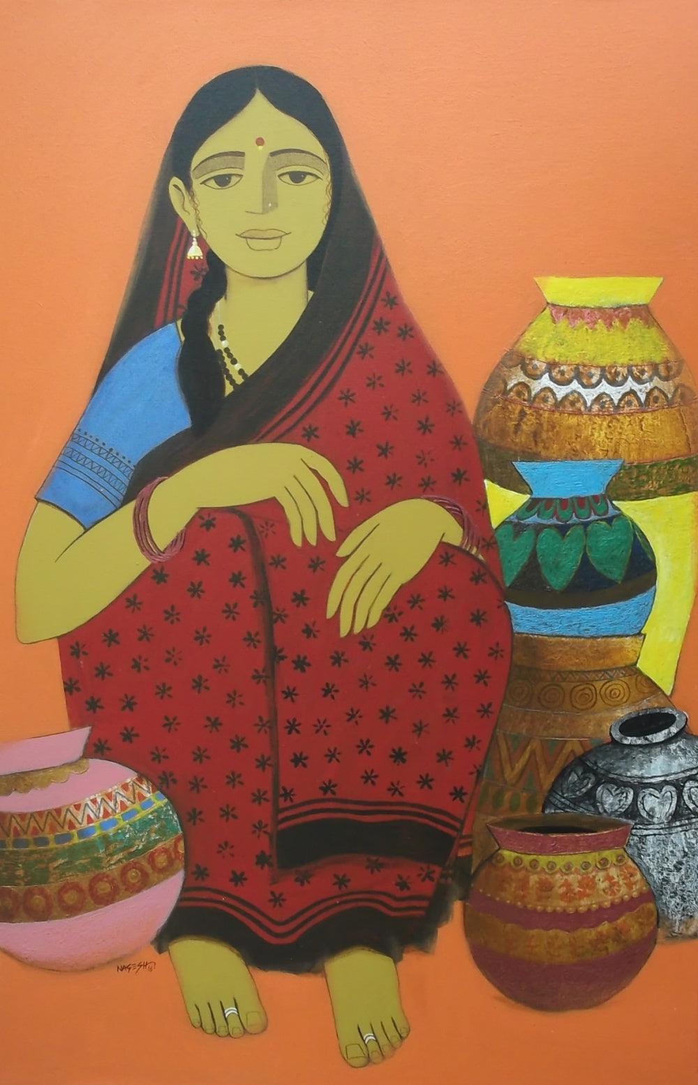 Figurative acrylic painting titled 'Pot Seller', 36x24 inches, by artist Nagesh Ghodke on Canvas