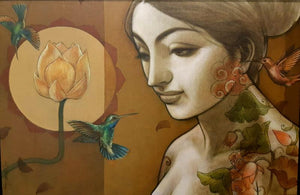 Figurative mixed media painting titled 'Prakriti', 24x36 inches, by artist Sukanta Das on Canvas