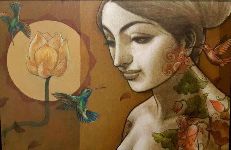 Figurative mixed media painting titled 'Prakriti', 24x36 inches, by artist Sukanta Das on Canvas