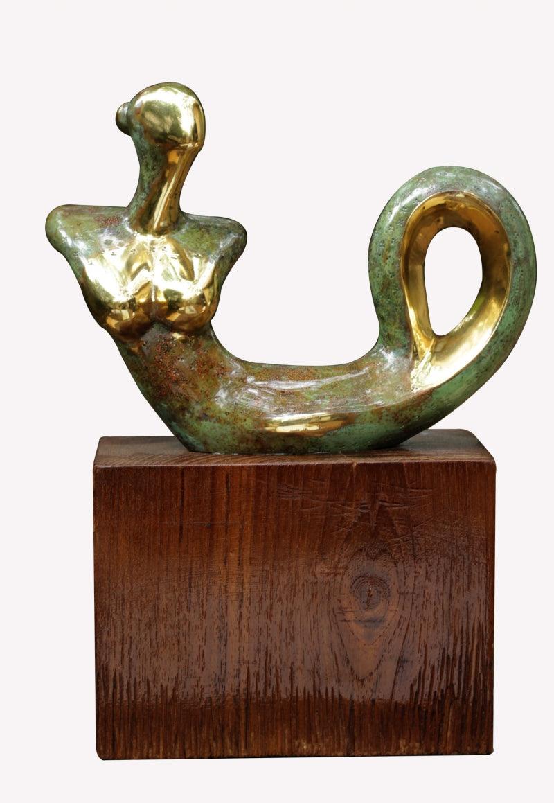 Figurative sculpture titled 'Prakriti', 14x11x5 inches, by artist Shivarama Chary Y on Oxidized Bronze, Wood