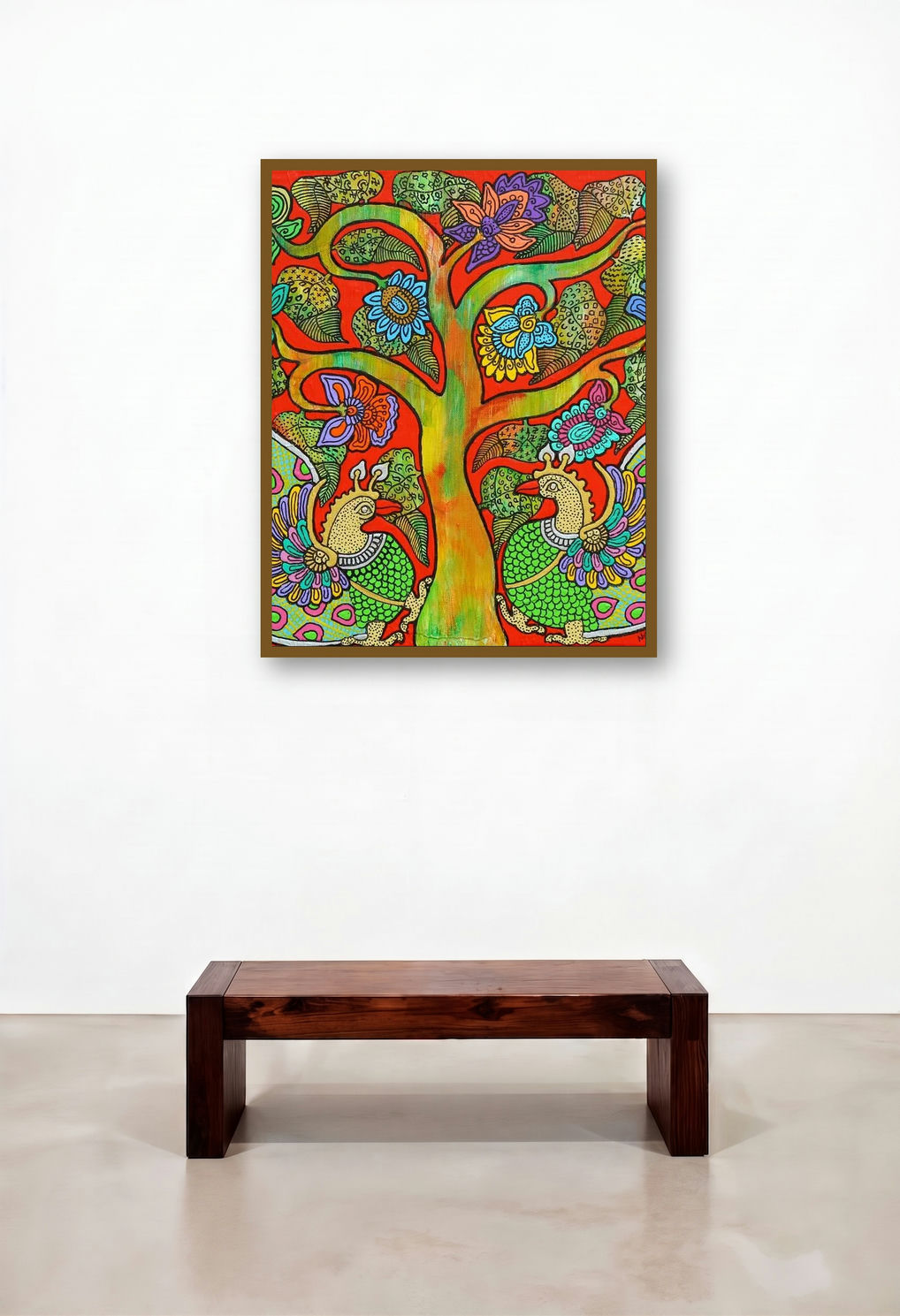 Prakruthi 1 (Peacocks and Tree of Life) by artist Neeraja Kongara displayed in a Luxury Lounge