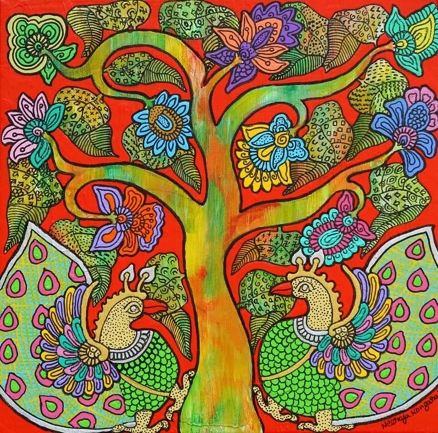 Nature acrylic painting titled 'Prakruthi 1', 12x12 inches, by artist Neeraja Kongara on Canvas