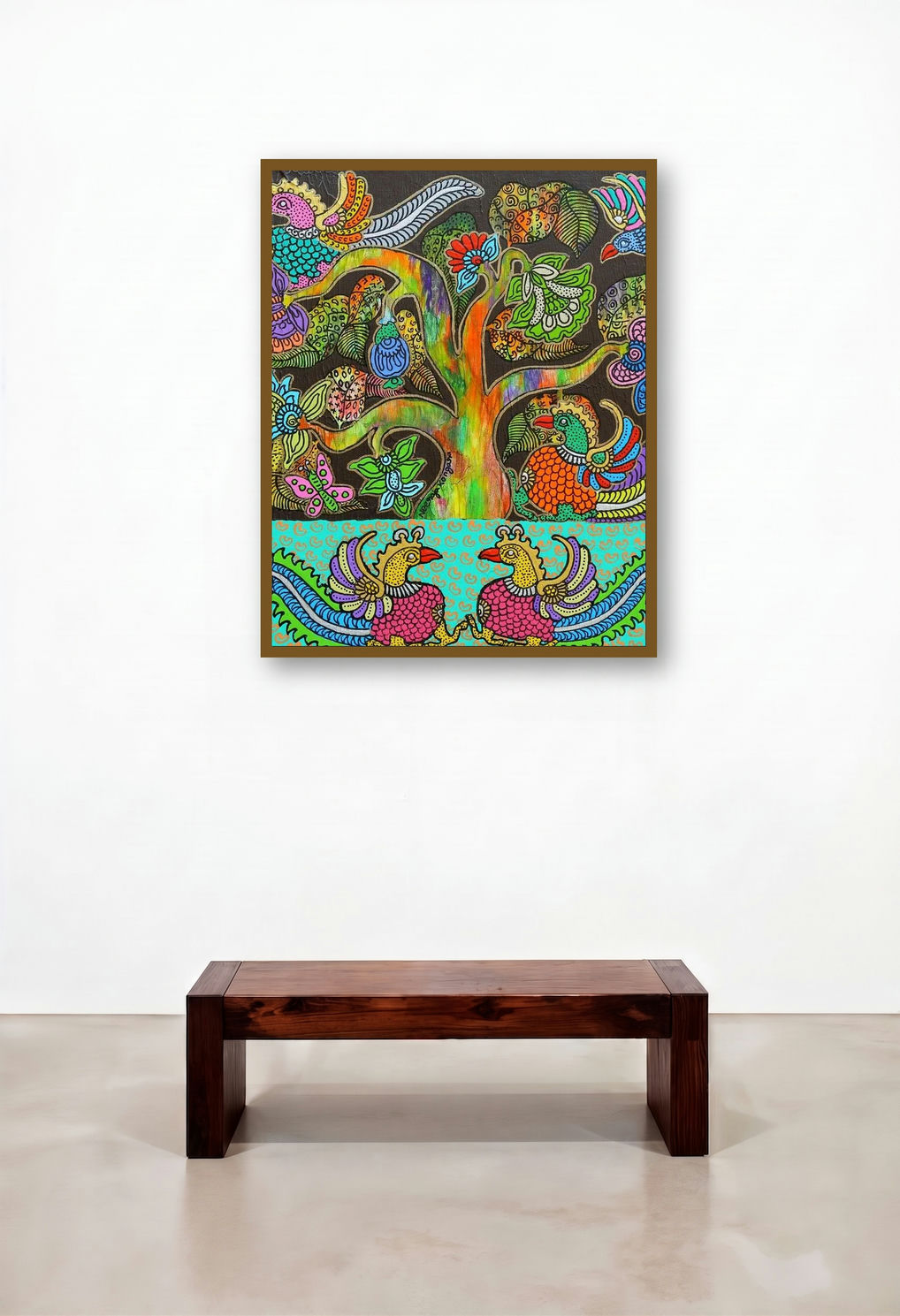 Prakruthi 2 (Tree of Life with Peacocks) by artist Neeraja Kongara displayed in a Japandi Penthouse