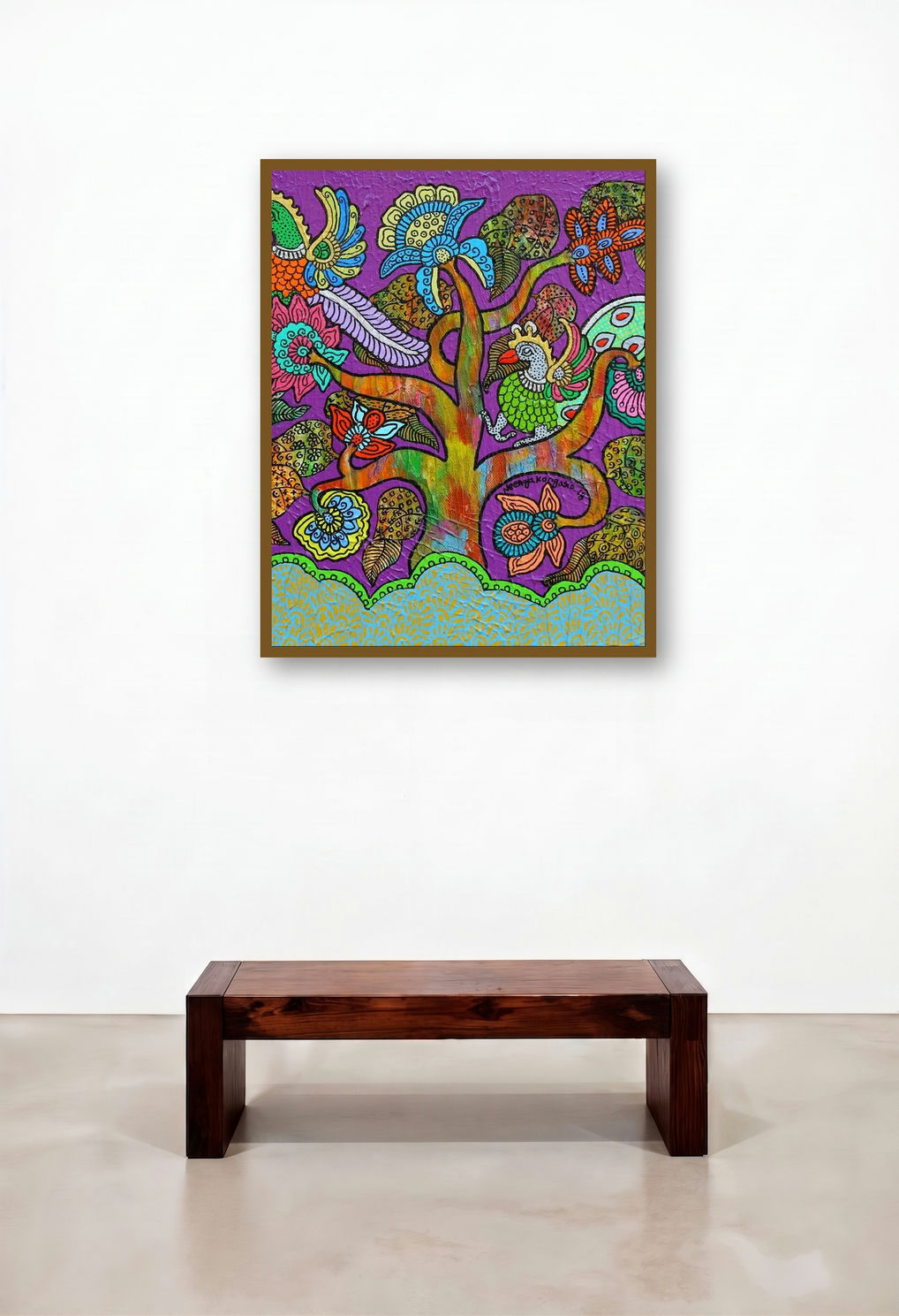 Prakruthi 3 (Tree of Life) by artist Neeraja Kongara displayed in a Mid-Century Modern Library