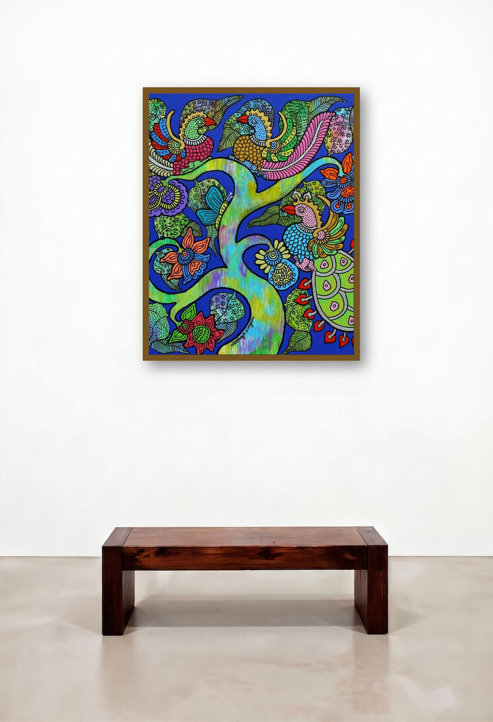 Prakruthi 4 (Tree of Life with Peacocks and Butterfly) by artist Neeraja Kongara displayed in a Mid-Century Modern Hallway