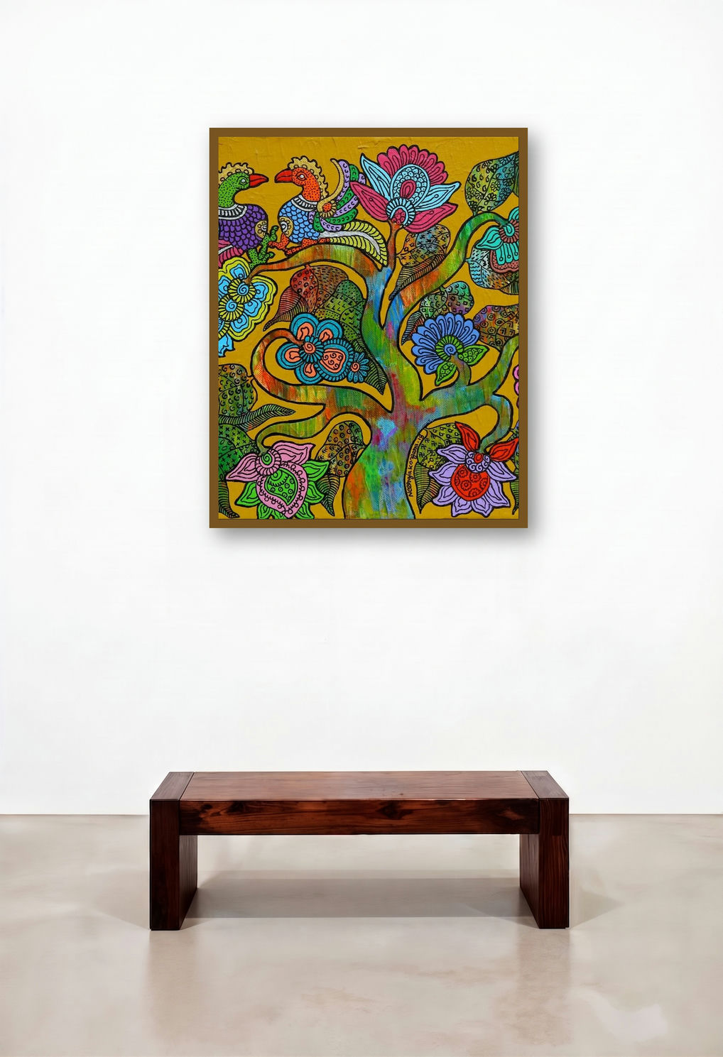 Prakruthi 5 (Gond Art Tree of Life) by artist Neeraja Kongara displayed in a Urban Loft Dining Room
