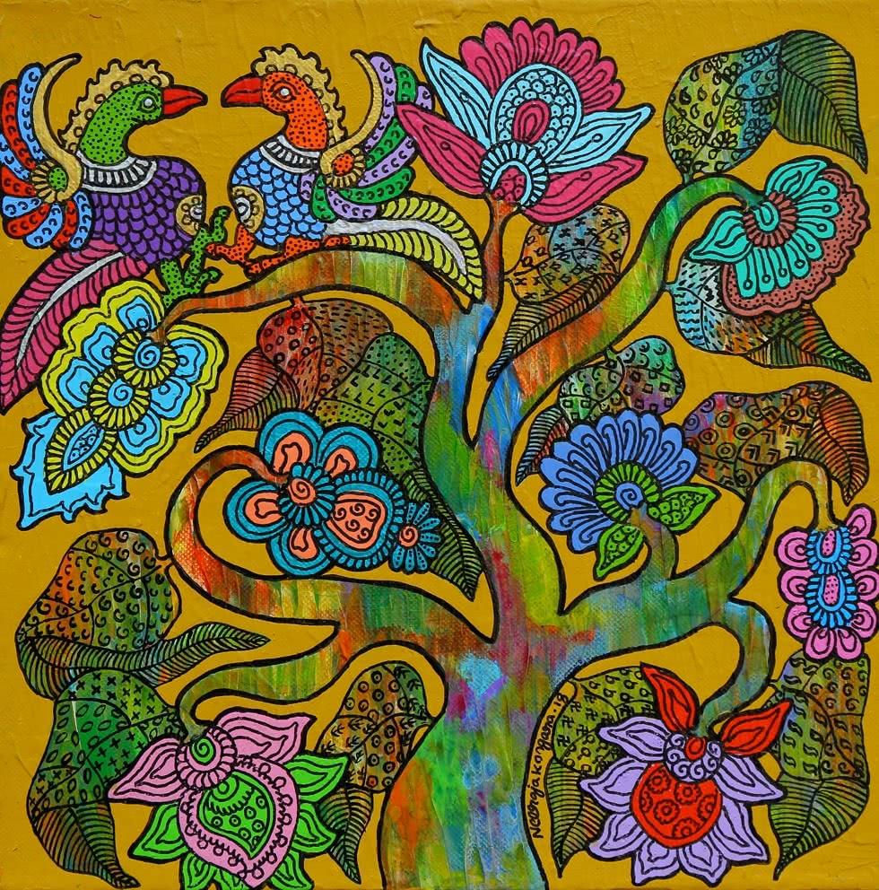 Nature acrylic painting titled 'Prakruthi 5', 12x12 inches, by artist Neeraja Kongara on Canvas