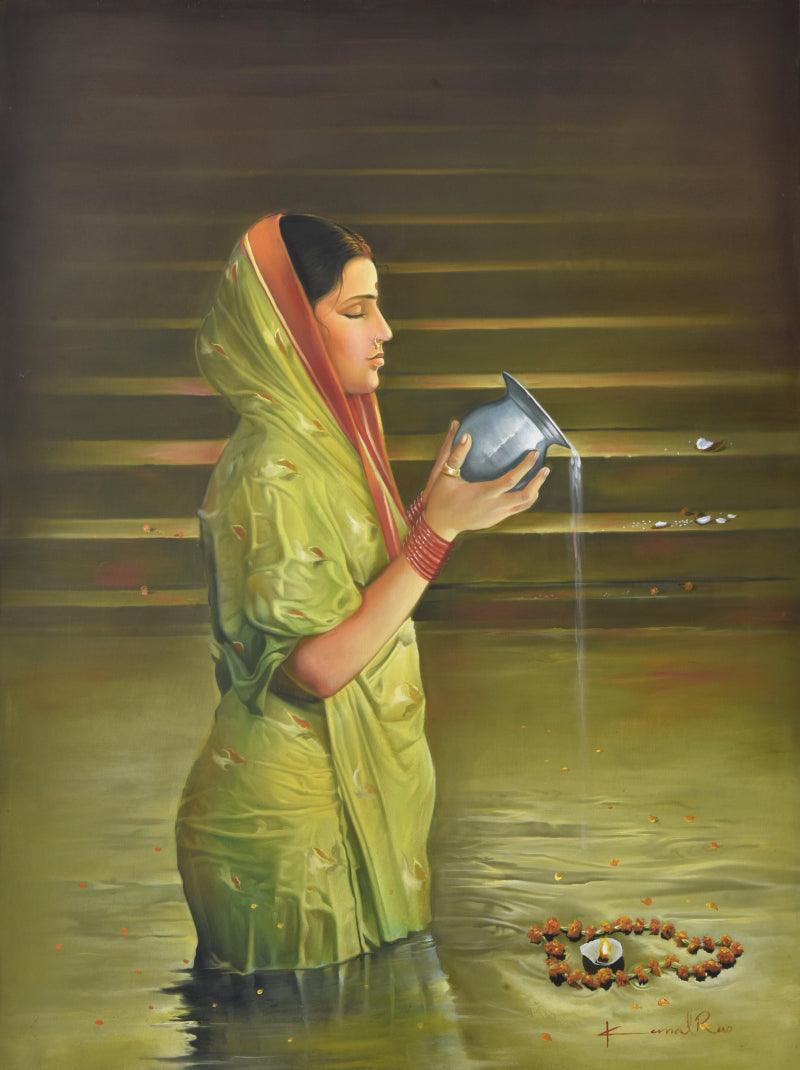 Religious oil painting titled 'Prayer', 36x48 inches, by artist Kamal Rao on Canvas