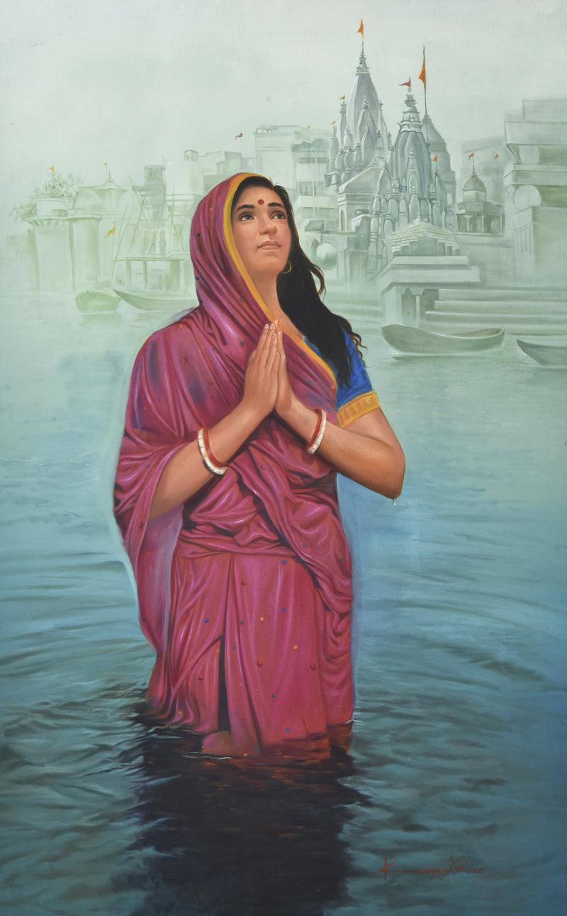 Religious oil painting titled 'Prayer', 30x48 inches, by artist Kamal Rao on Canvas