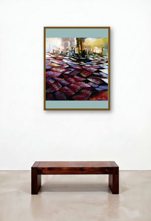 Present Landscape (Urban Mosaic: A City in Tiles) by artist Solomon Rajendiran displayed in a Urban Loft Hallway