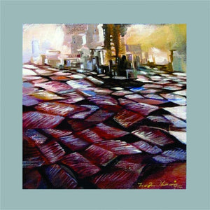 Present Landscape (Urban Mosaic: A City in Tiles) by Solomon Rajendiran, Original Acrylic Abstract Painting on Canvas, X-Small Square Wall Art