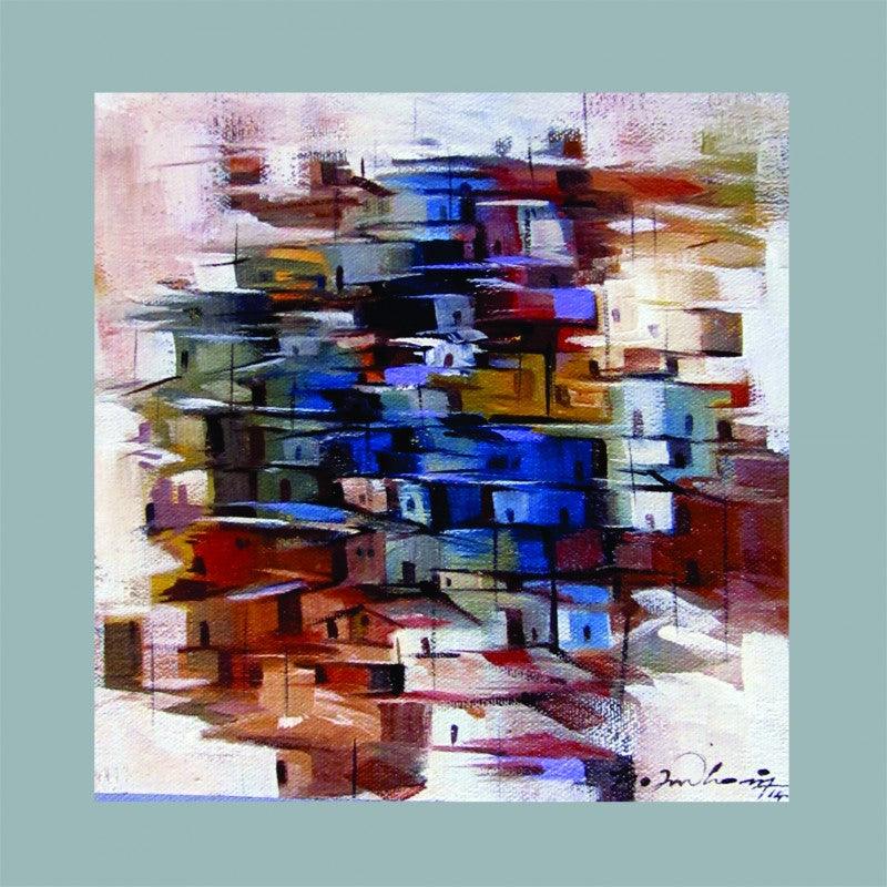 Abstract acrylic painting titled 'Present landscape', 12x12 inches, by artist Solomon Rajendiran on Canvas