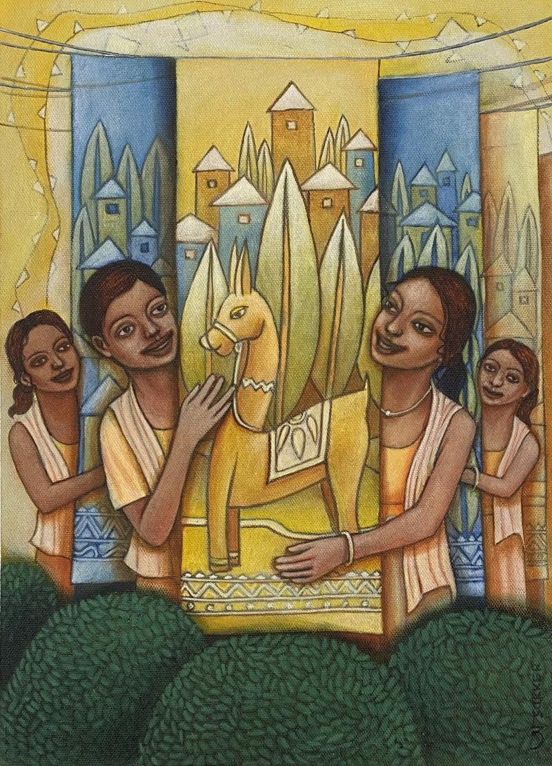 Figurative acrylic painting titled 'Propose', 17x12 inches, by artist Aniruddha Sarker on canvas