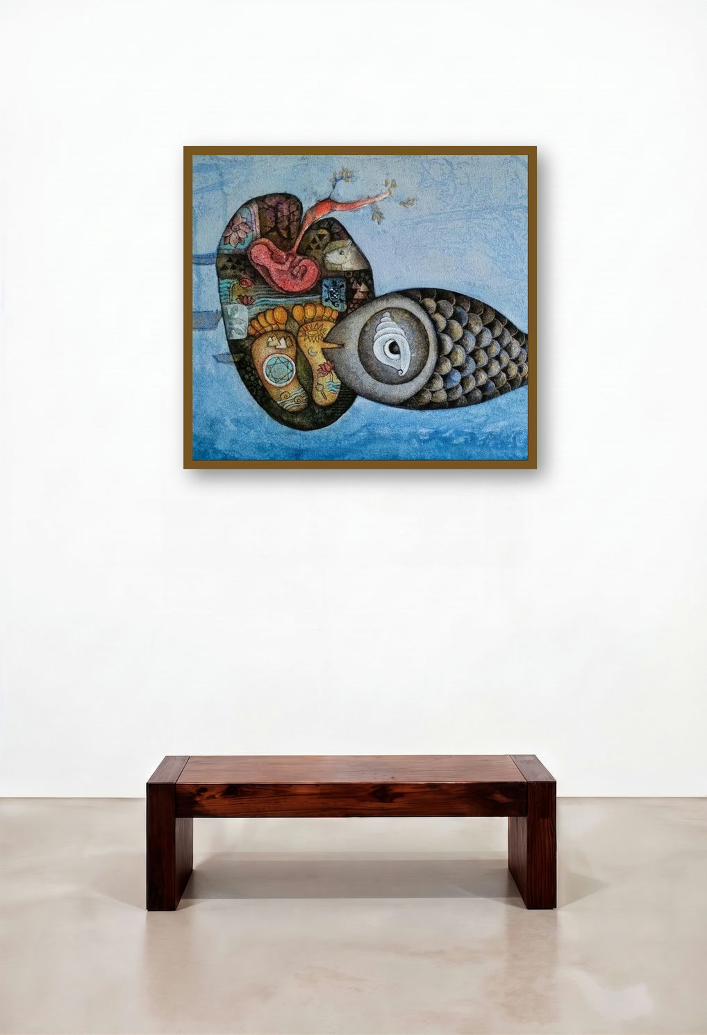 Protector (Matsya Avatar Symbolic Journey) by artist Pooja Mhatre displayed in a Luxury Dining Room