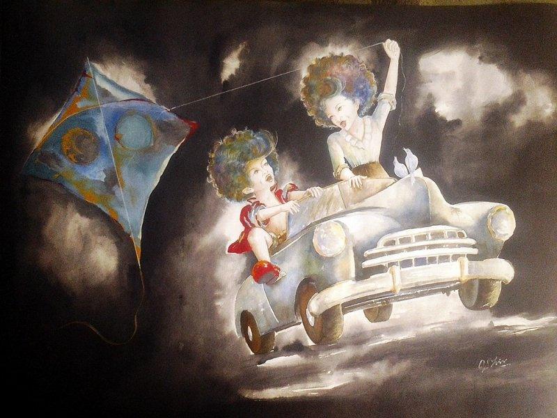 Figurative mixed media painting titled 'Puppy and chicky on the drive', 22x28 inches, by artist Shiv Kumar Soni on Canvas