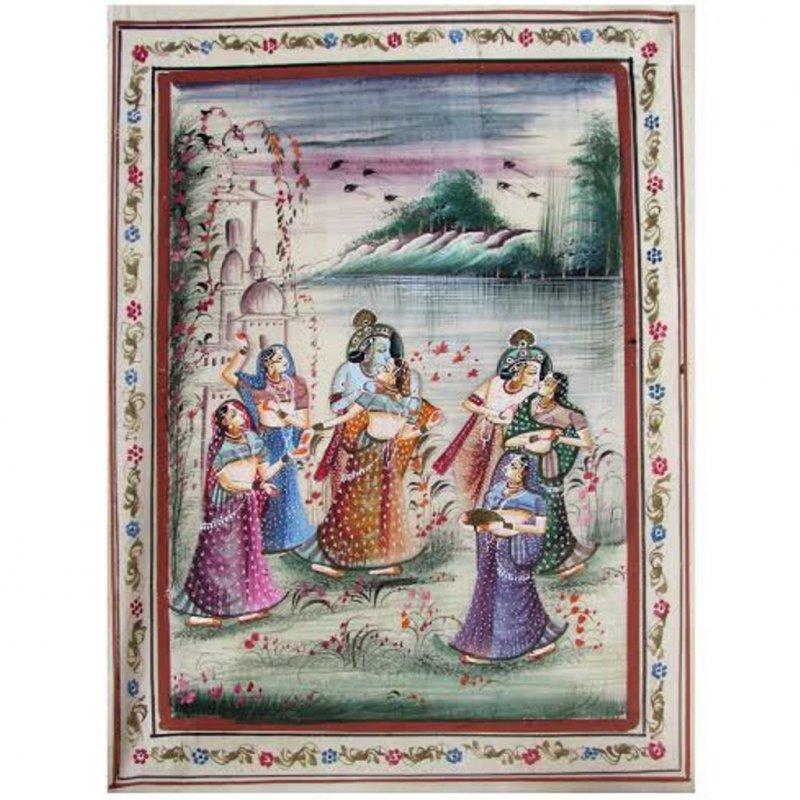 Religious watercolor painting titled 'RADHA AND KRISHNA', 19x14 inches, by artist Indian Miniture on cloth
