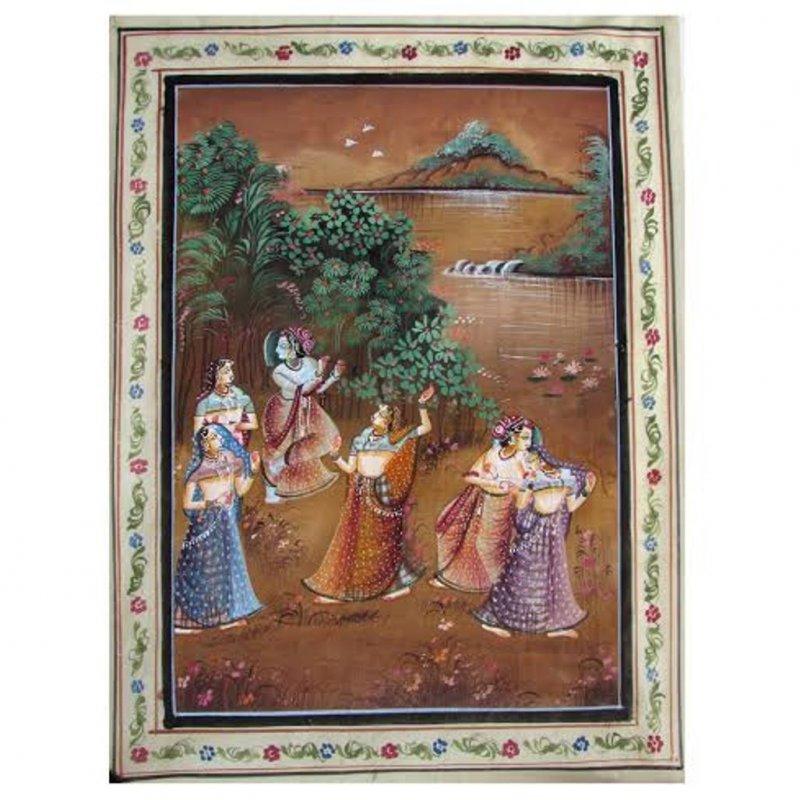 Religious watercolor painting titled 'RADHA AND KRISHNA', 20x15 inches, by artist Indian Miniture on cloth
