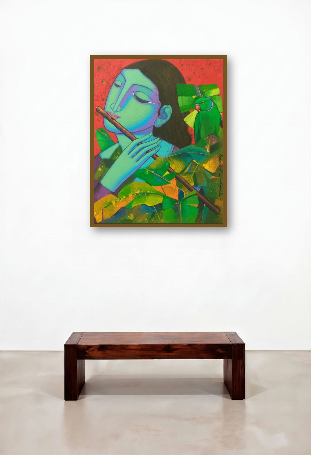 Radha (Woman with Flute) by artist Prakash Deshmukh displayed in a Transitional Living Room