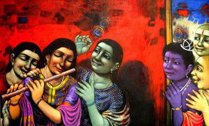 Figurative acrylic painting titled 'Radha', 36x60 inches, by artist Apet Pramod on Canvas