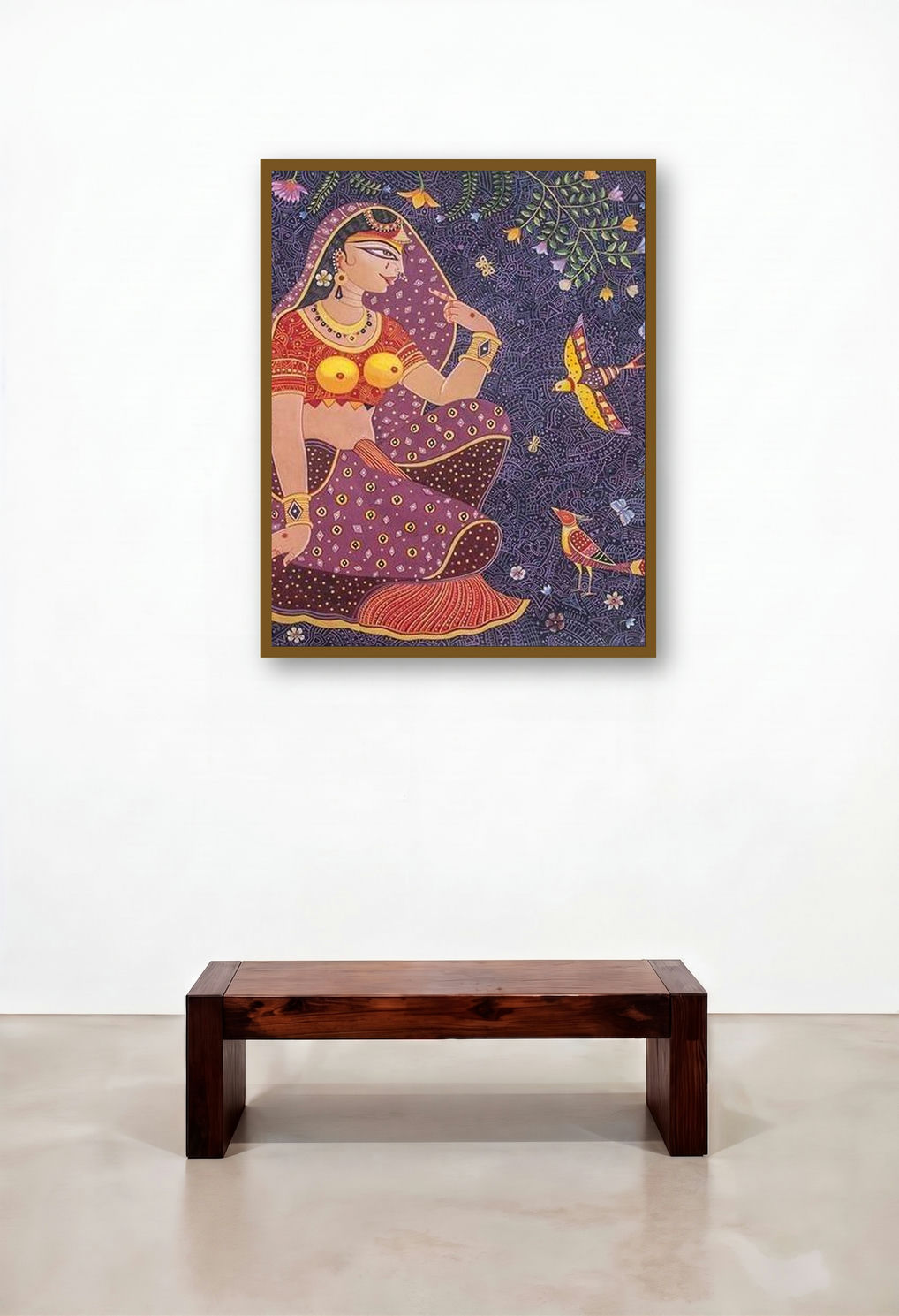 Radha (Woman and Birds Harmony in Nature) by artist Bhaskar Lahiri displayed in a Minimalist Study