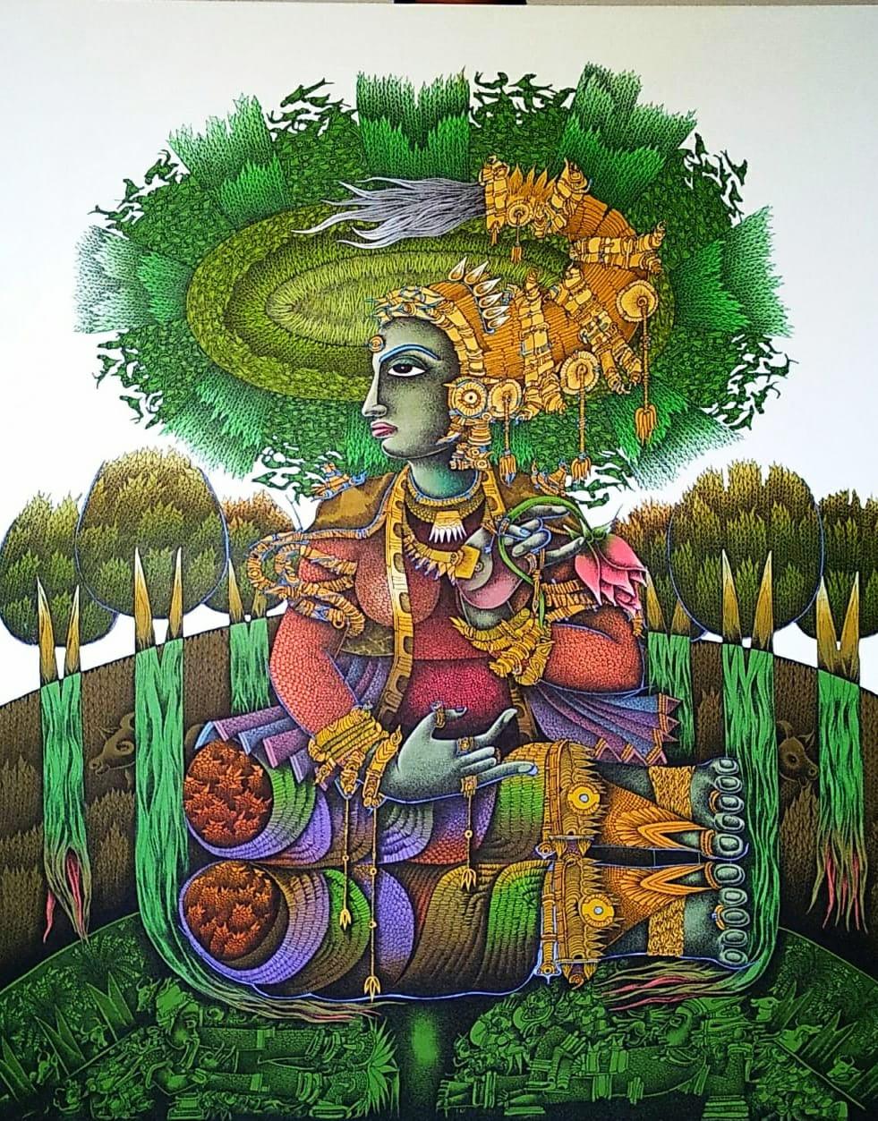 Religious acrylic painting titled 'Radha', 5x4 inches, by artist Jitendra Dangi on Radha