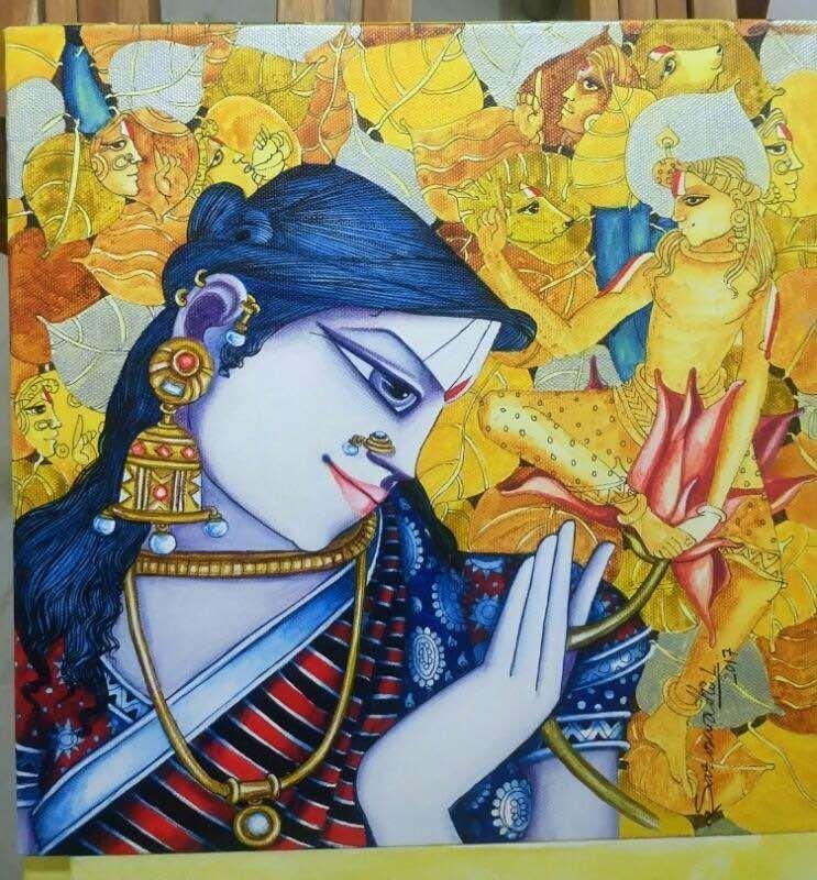 Religious acrylic painting titled 'Radha', 12x12 inches, by artist Saraswathi Lingampally on Canvas
