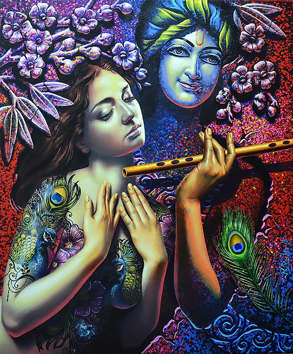 Religious acrylic painting titled 'Radha Krishna 1', 36x30 inches, by artist Prashanta Nayak on Canvas