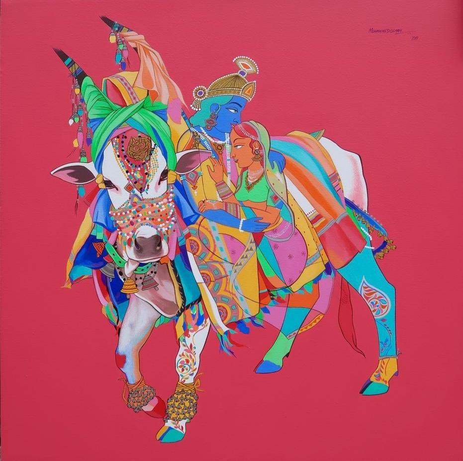 Religious acrylic painting titled 'Radha Krishna 1', 36x36 inches, by artist Mohammed Osman on Canvas