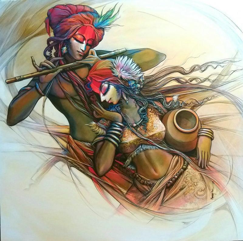 Religious acrylic painting titled 'Radha Krishna 1', 42x42 inches, by artist Manoj Das on Canvas