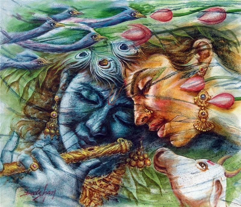 Religious oil painting titled 'Radha Krishna 1', 36x42 inches, by artist Darshan Sharma on Canvas