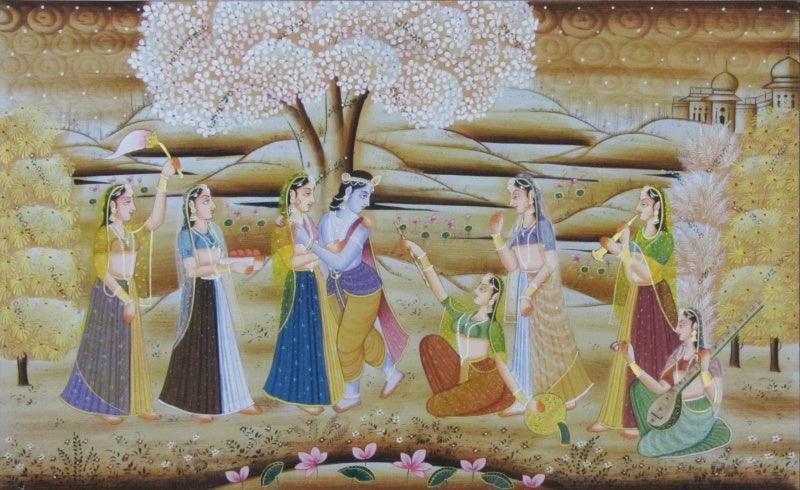 Religious miniature traditional art titled 'Radha Krishna 1', 24x36 inches, by artist E Craft on Silk