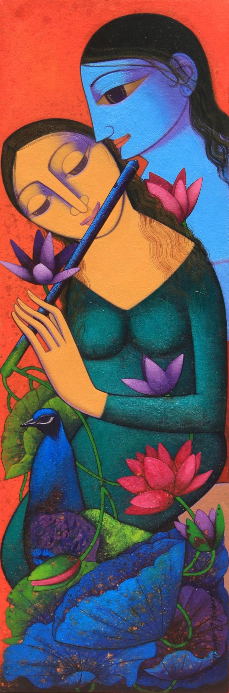 Religious acrylic painting titled 'Radha Krishna 1', 47x15 inches, by artist Prakash Deshmukh on Canvas