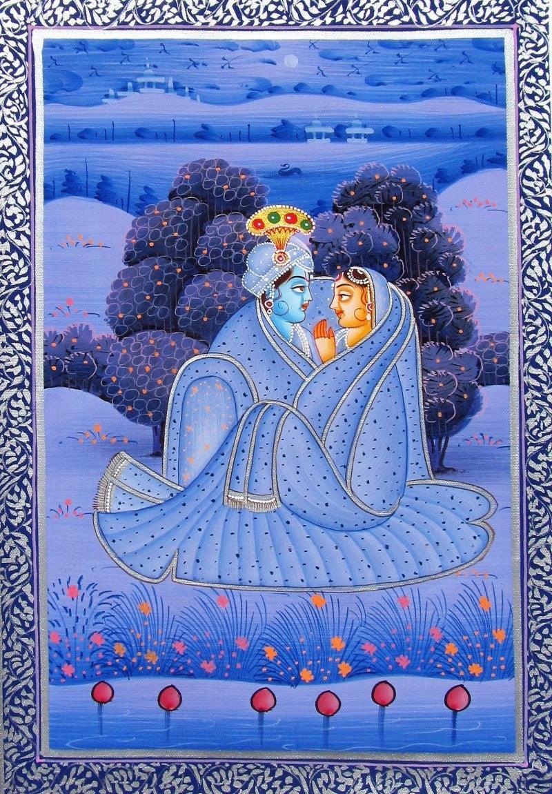Religious miniature traditional art titled 'Radha Krishna 1', 8x6 inches, by artist Unknown on Silk