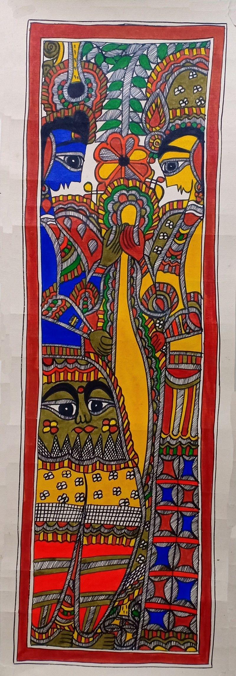 Religious madhubani traditional art titled 'Radha Krishna 1', 22x8 inches, by artist Mithilesh Jha on Paper