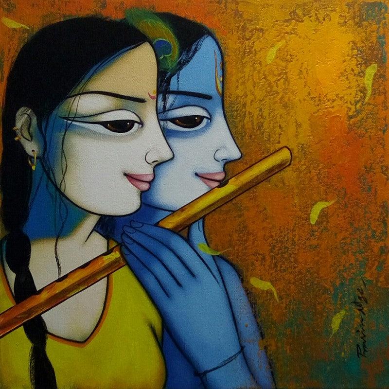 Religious acrylic painting titled 'Radha Krishna 1', 15x15 inches, by artist Pravin Utge on Canvas