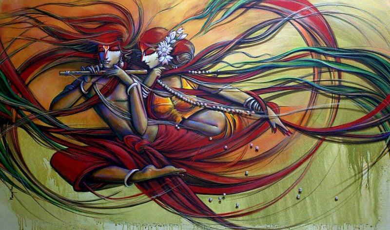 Religious acrylic painting titled 'Radha Krishna 2', 48x72 inches, by artist Manoj Das on Canvas