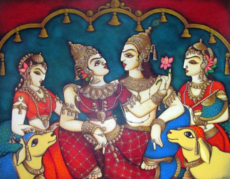 Religious acrylic painting titled 'Radha Krishna 2', 48x60 inches, by artist Rahul Phulkar on Canvas