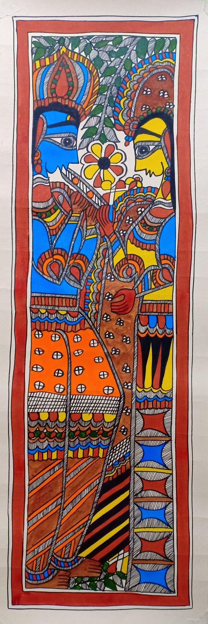 Religious madhubani traditional art titled 'Radha Krishna 2', 22x8 inches, by artist Mithilesh Jha on Paper