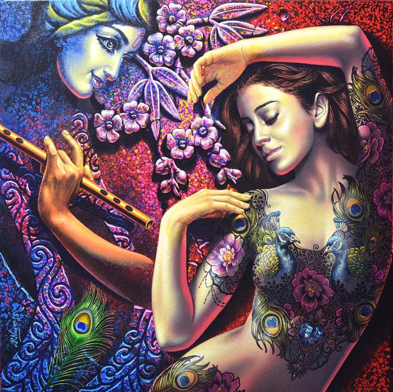 Religious acrylic painting titled 'Radha Krishna 2', 36x36 inches, by artist Prashanta Nayak on Canvas