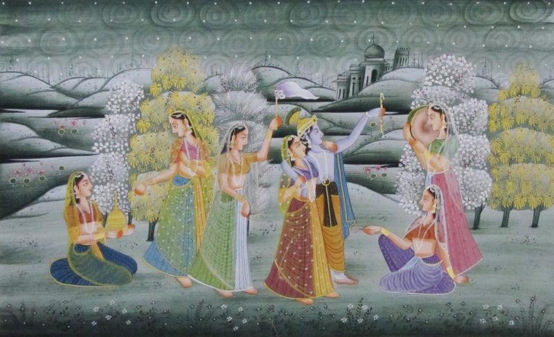 Religious miniature traditional art titled 'Radha Krishna 2', 24x36 inches, by artist E Craft on Silk