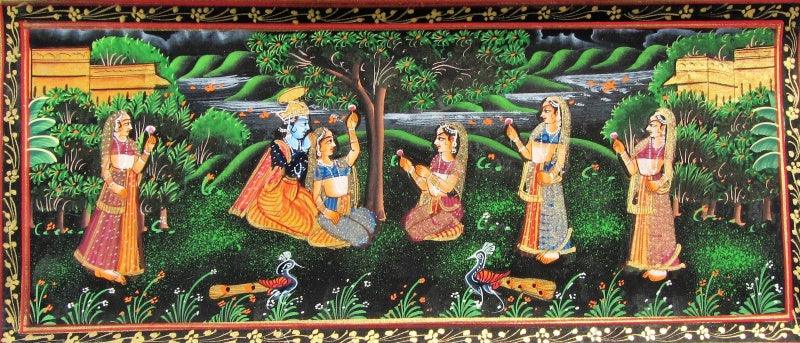 Religious miniature traditional art titled 'Radha Krishna 2', 6x13 inches, by artist Unknown on Silk